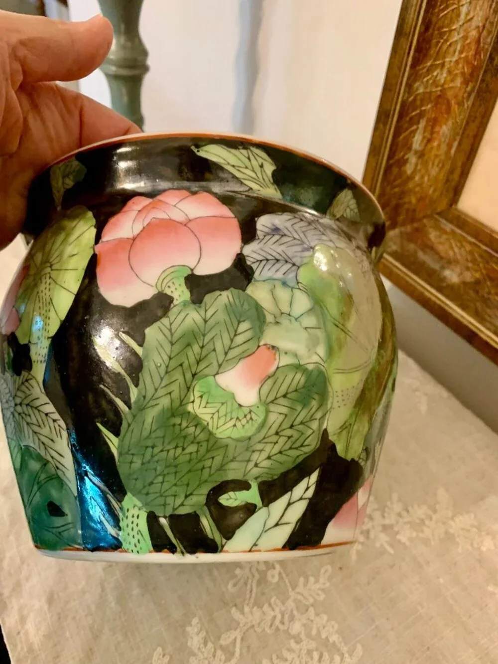Vintage Chinese Porcelain Famille Noir Hand Painted Chinoiserie Garden Planter - Picture 5 of 8